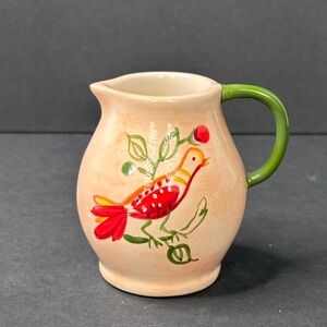 Ceramic Glazed Pottery Hand Painted Mini Pitcher Jug Bird 2.75” Tall